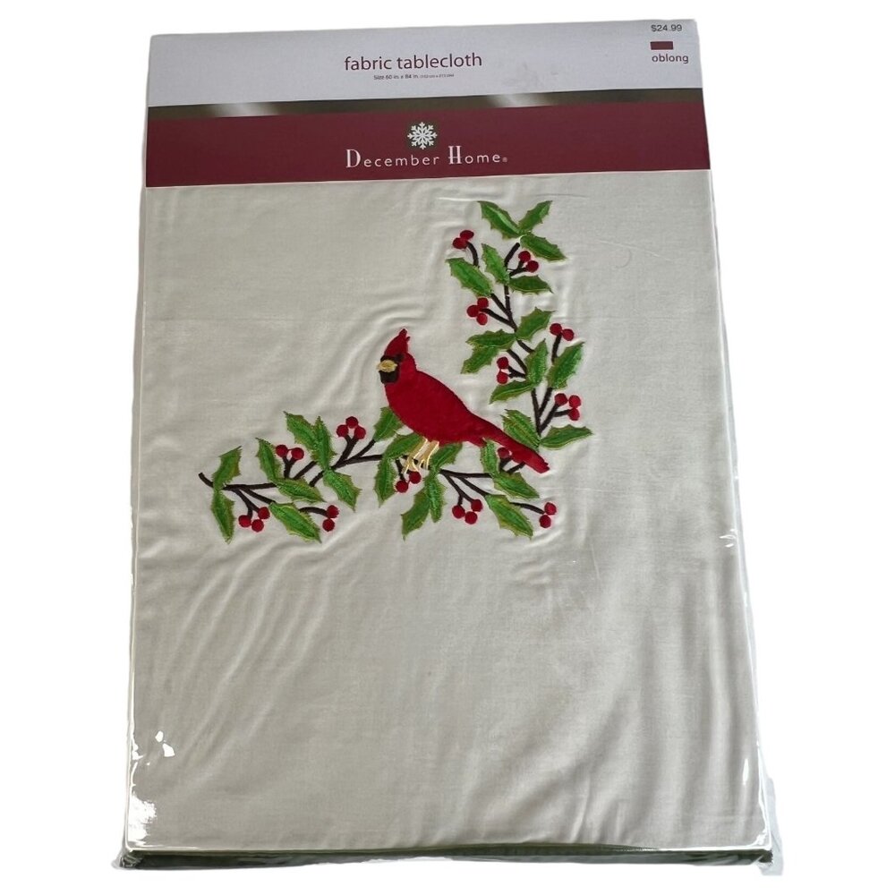 December Home Oblong Fabric Tablecloth With Cardinal & Holly‎ Embroidery 60"X84"